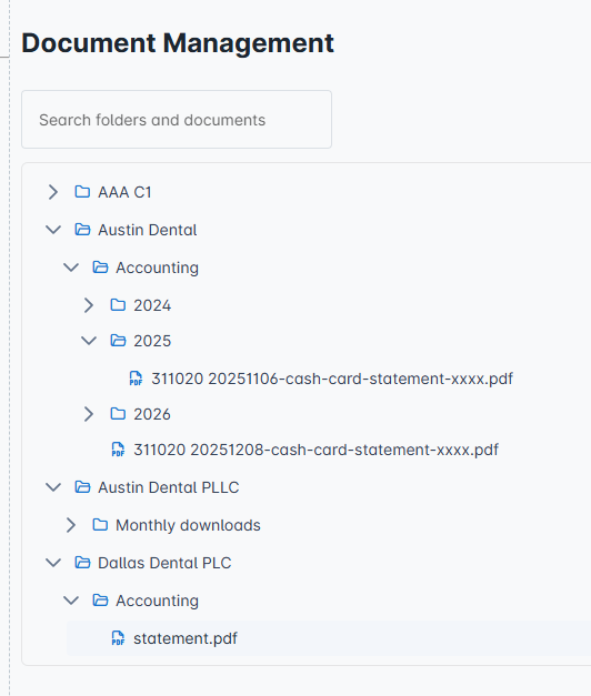 Document management tree with client folders, year folders and stored PDF statements