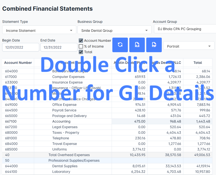 Double-clicking a combined statement line to open the underlying general ledger detail