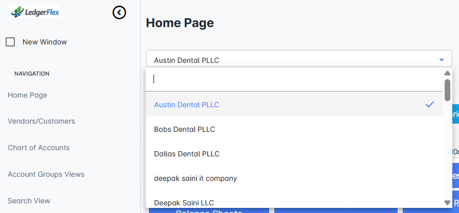 Client dropdown open over an income statement, switching between client businesses