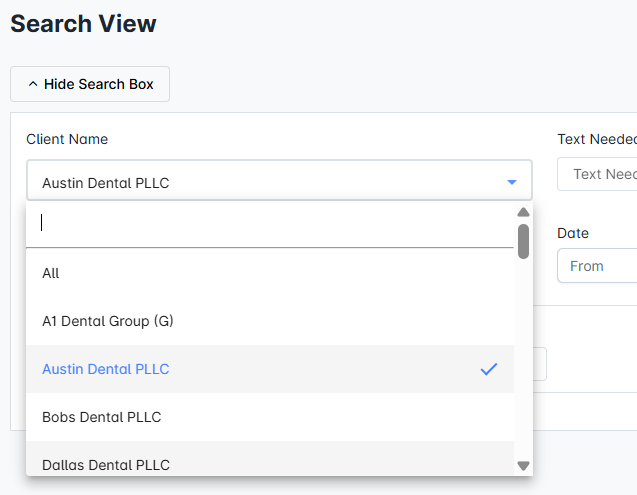Search view with a client dropdown listing All, groups and individual client businesses
